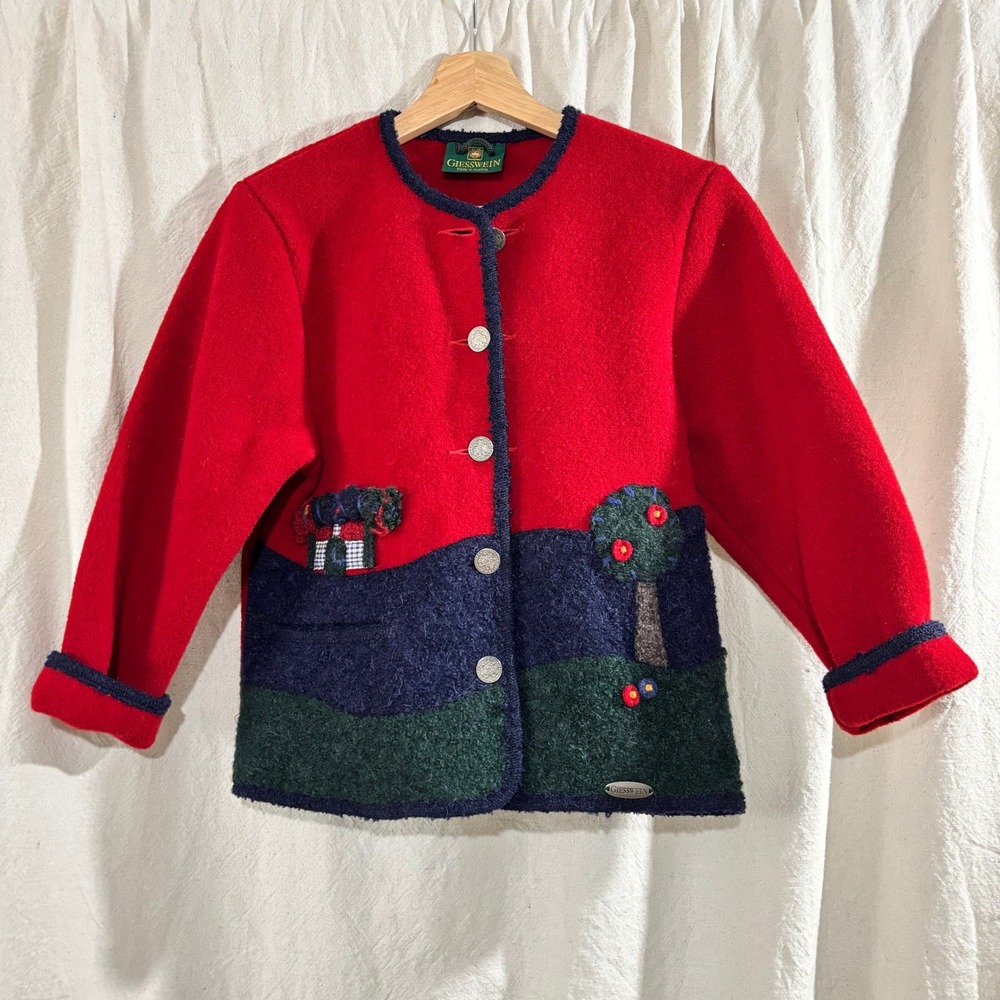 Vintage Giesswein Kids Red Boiled Wool Cardigan Jacket Austria Applique Size 10